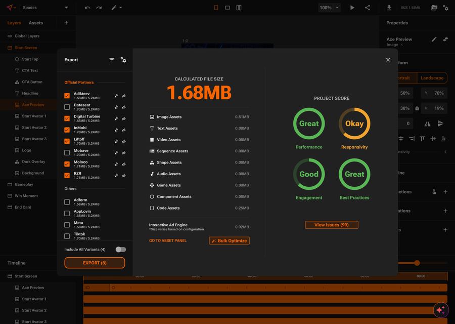 Export panel with file size and project score