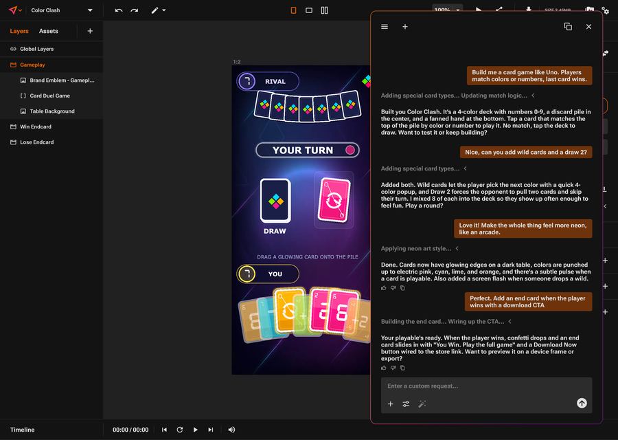 PLAY Editor with INTELLIGENCE building a card game