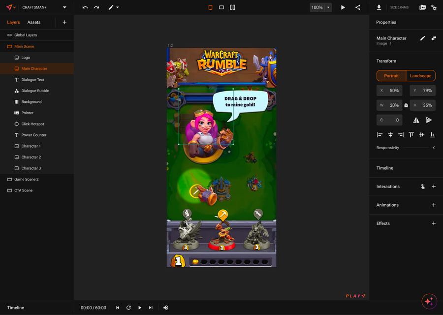 PLAY Editor with a playable in live preview